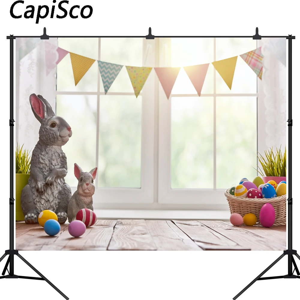 

Capisco backdrop for photographic studio window flag rabbit Easter colorful eggs spring background photo prop new photocall