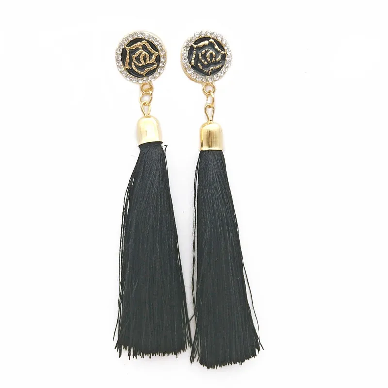 

Ethnic Bohemian Rhhinestone Rose Round Yarn Long Tassel Earrings for Women Silk Thread Earring Wholesale 6 Pairs