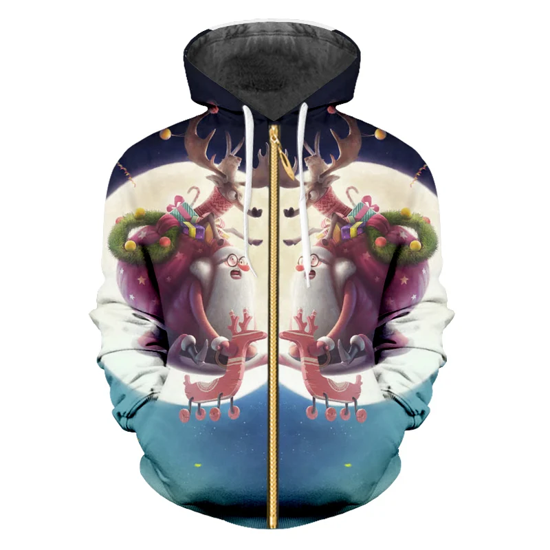 UJWI Мужская Рождественская Луна на молнии с капюшоном 3D принтом Милая одежда