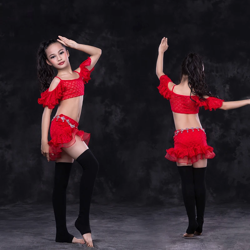 

Children Girl'S Belly Dance Costume New Lace Fabric Kids Indian Dancing Performance Set Tops+Skirt 2 Pieces Suit 4 Colors