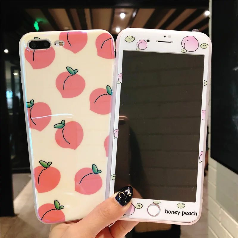For iPhone X Pink Lovely case + Tempered Glass Screen film 6 6S 6Splus 7 7plus 8 8Plus Cute peach back Cover |