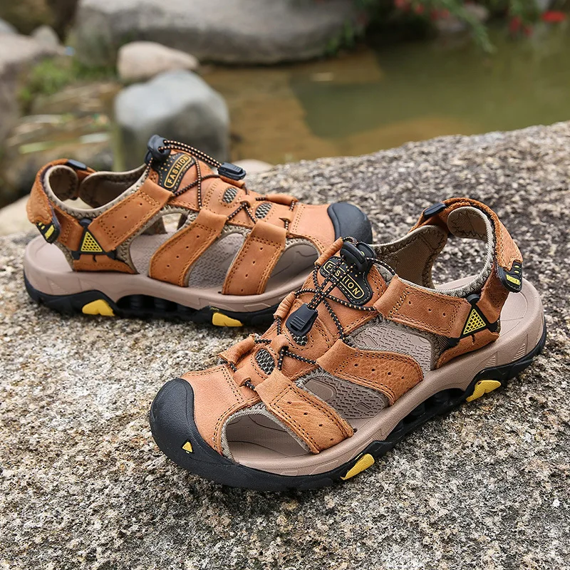 Мужская пляжная обувь из воловьей кожи большие размеры летние сандалии для