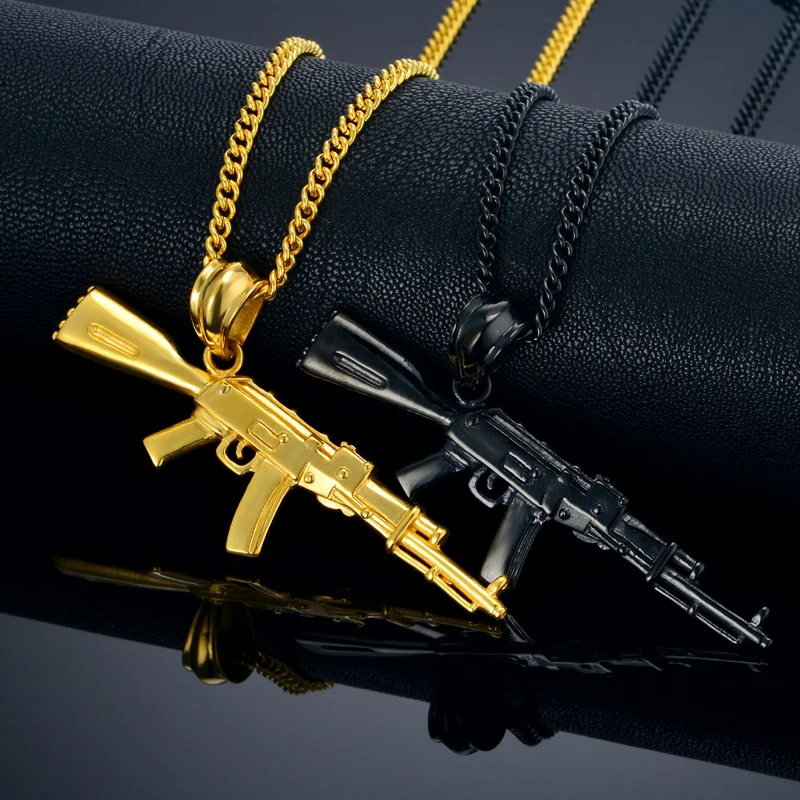 AK47 Gun Necklace Pendant Hip Hop Women Men Jewelry Erkek kolye Black/Gold Stainless Steel Men's Necklace with Hiphop Chain