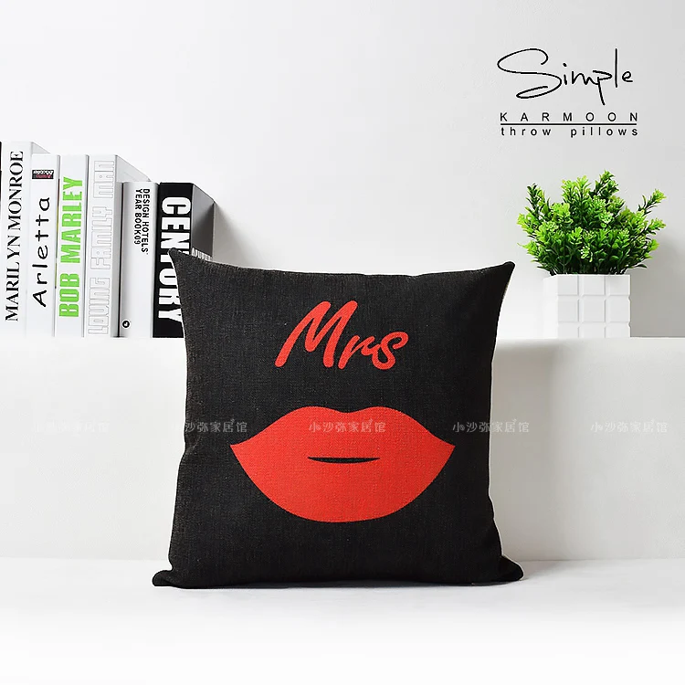 Наволочка для подушки Mr Mrs льняные усы губы поцелуй пара черные белые красные