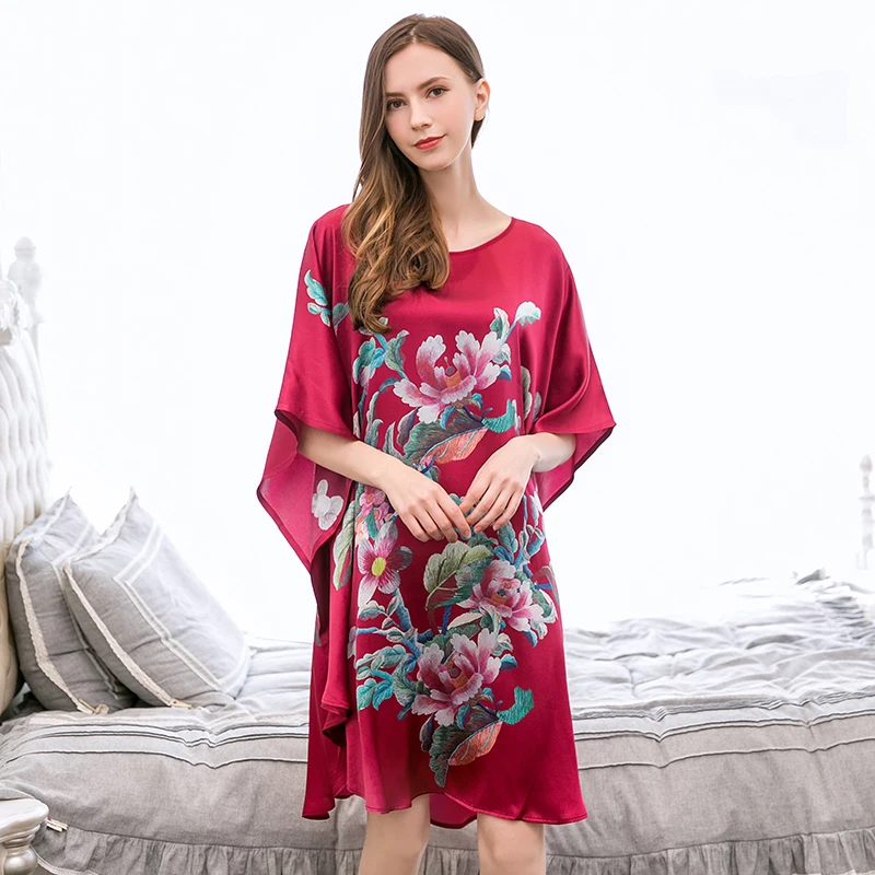 100% Real Silk Nightgown Print Nightdress Women FreeSize Hangzhou Silk Sleepwear Loose Half Sleeves Round Neck Sleeping Dress