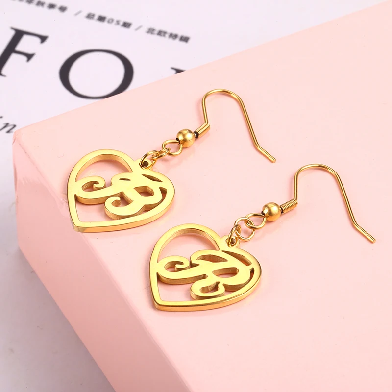 KLDY сердце Висячие серьги для женщин Письмо золото розовое серебро Нержавеющая