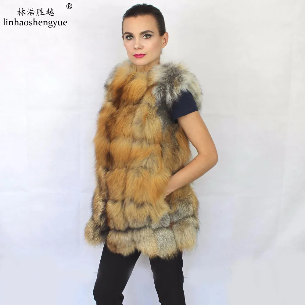 Linhaoshengyue Real   Red  Fox   Natural  Fur Vest Natural Fox Fur Women Vest Real Natural Fox Fur