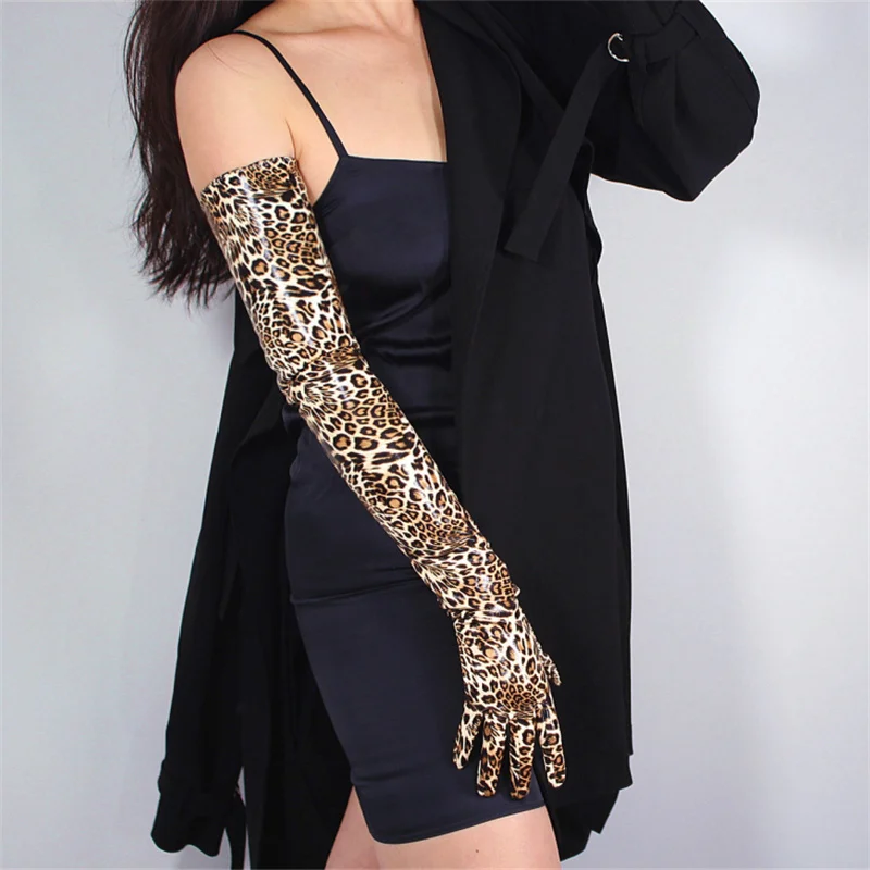 

Fashion Leopard Long Gloves 70cm Patent Leather Long Section Elbow Simulation Leather PU Leather Gloves Bright Leather Brown