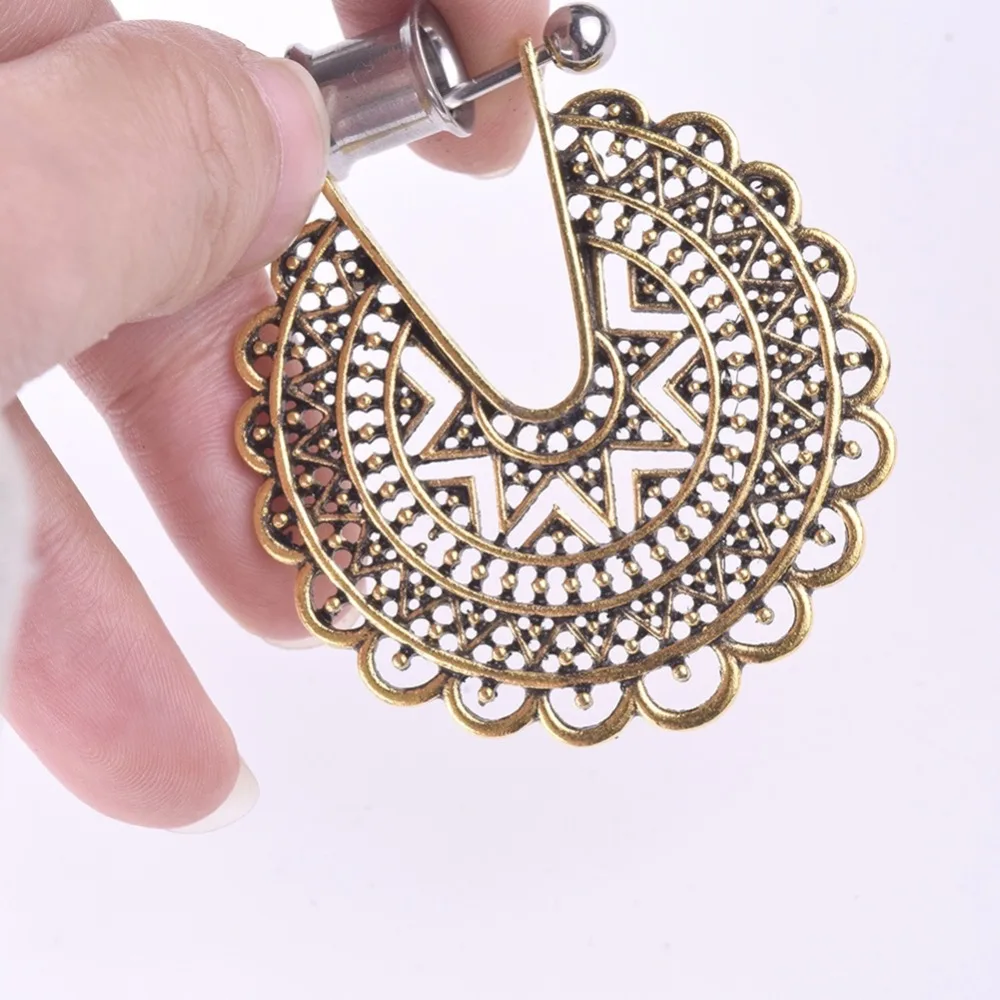 1 PC 6-25mm Vintage Hollow Flower Double Horn Earrings Stainless Steel Pendant Fake Ear Plugs Expansion Body Piercing Jewelry