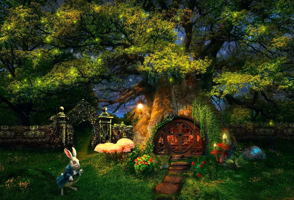 

VinylBDS Children Fairy Tale Photography Backgrounds Forest Rabbit Light Backdrops Printed Photography Backdrops