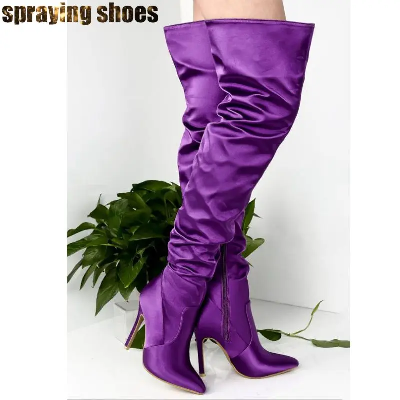 Женские розовые Сатиновые сапожки выше колена на высоком каблуке 10 см 12 с острым