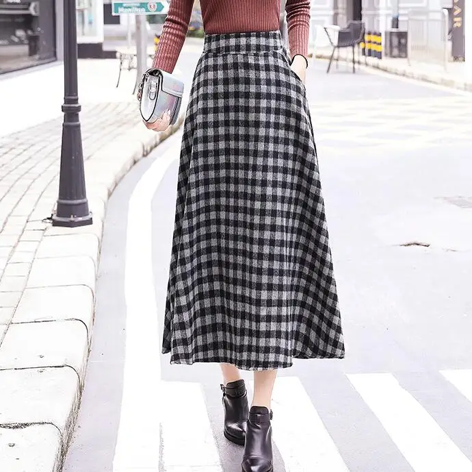 gray white plaid Женская шерстяная длинная юбка с высокой талией, Осень-зима, модная клетчатая винтажная шерстяная юбка, Уличная Повседневная теплая Женская юбка - Цвет: gray white plaid