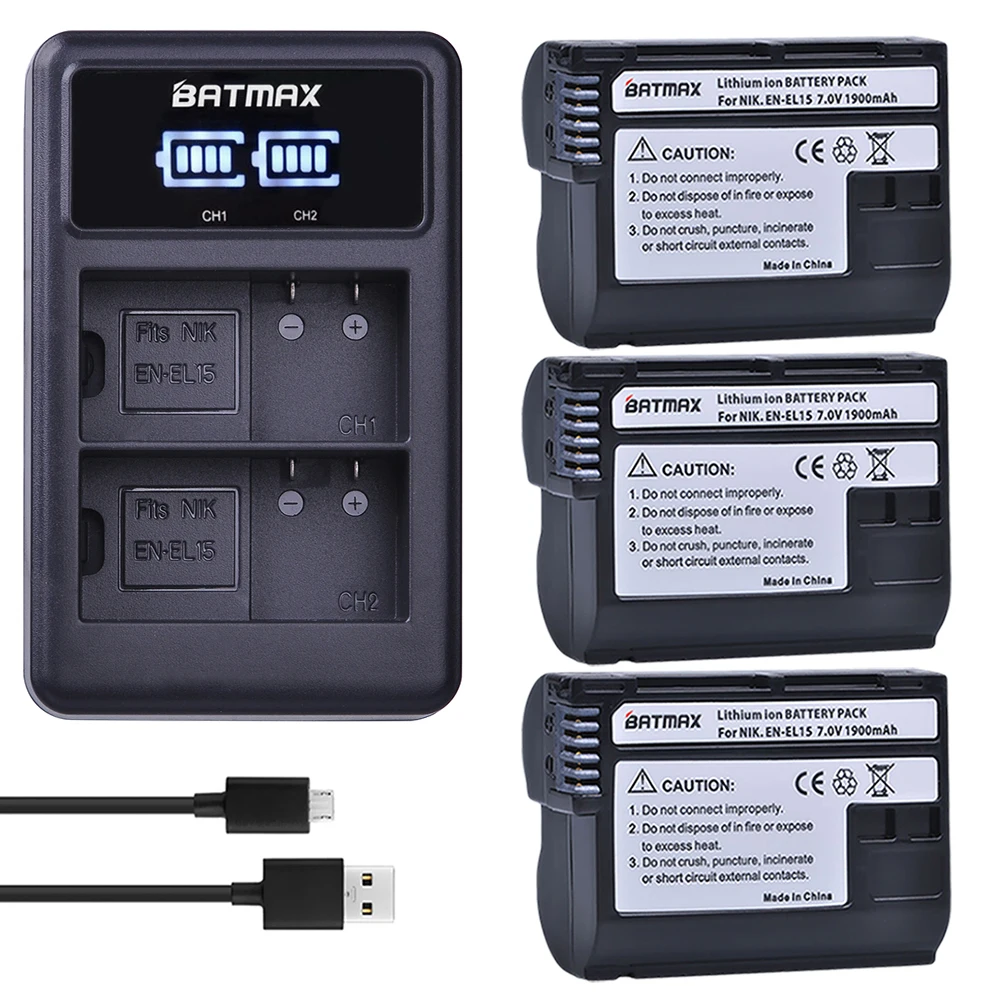 Batmax Decoded 3Pcs EN-EL15 EN EL15 Battery + LED USB Dual Charger for Nikon D600 D610 D800 D800E D810 D7000 D7100 D7200 V1