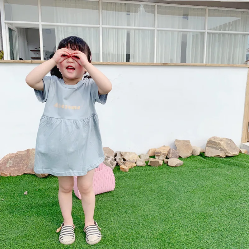 Summer cute girls pure cotton letters printed short sleeve casual dresses kids knitted pleated dress 1-6Y | Детская одежда и обувь