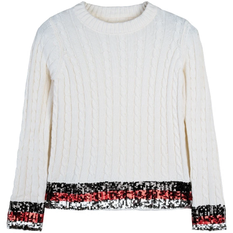 2019 Winter Runway White Knitted Sweaters and Pullovers Women Striped Sequin Sweet Female Ladies korean Jumper Tops Clothing | Женская