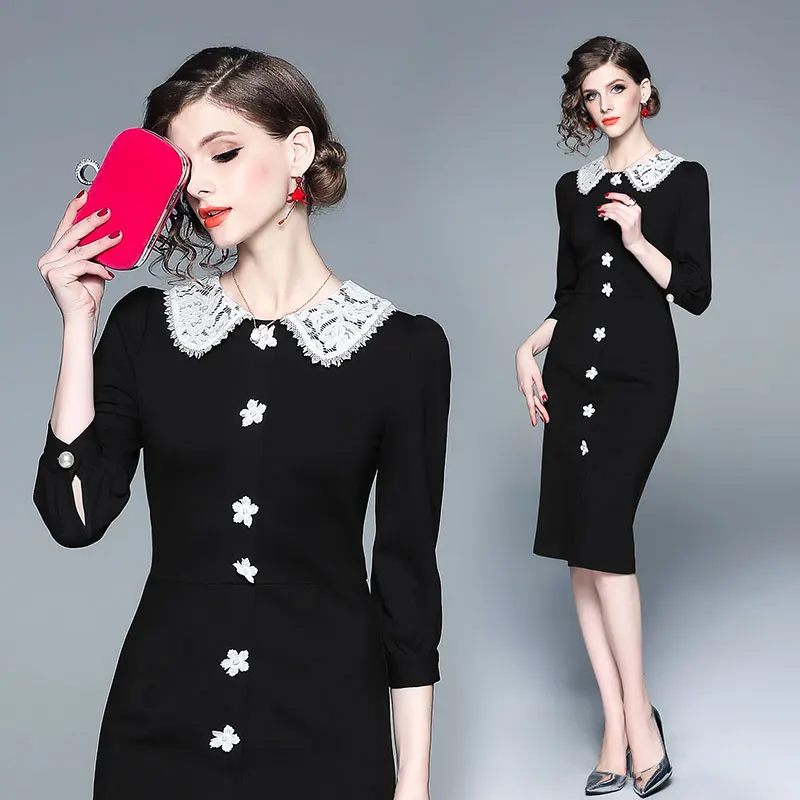 Женское кружевное платье с отложным воротником дизайнерское подиумное черное