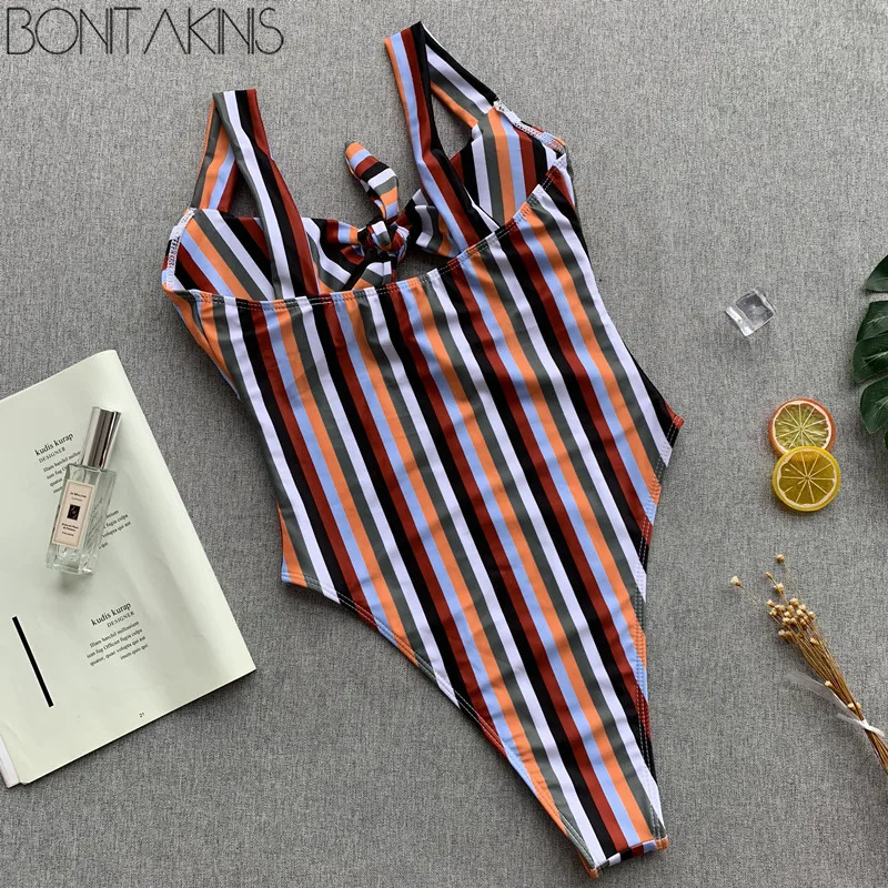 Bonitakinis 2019 Полосатый Цельный бандажный купальник сексуальный женский боди летние