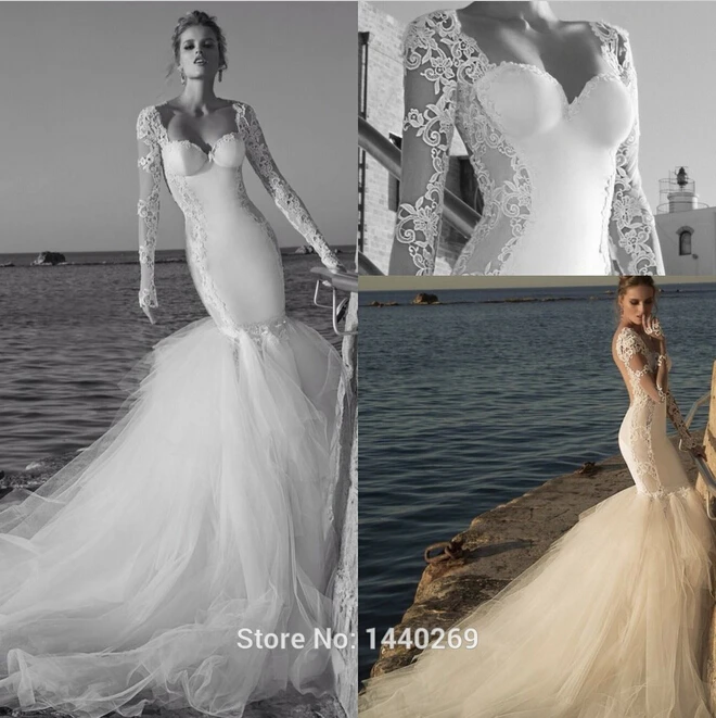 2016 Сексуальная Атласная Тюль Кружева Исправлений Длинные Рукава Русалка