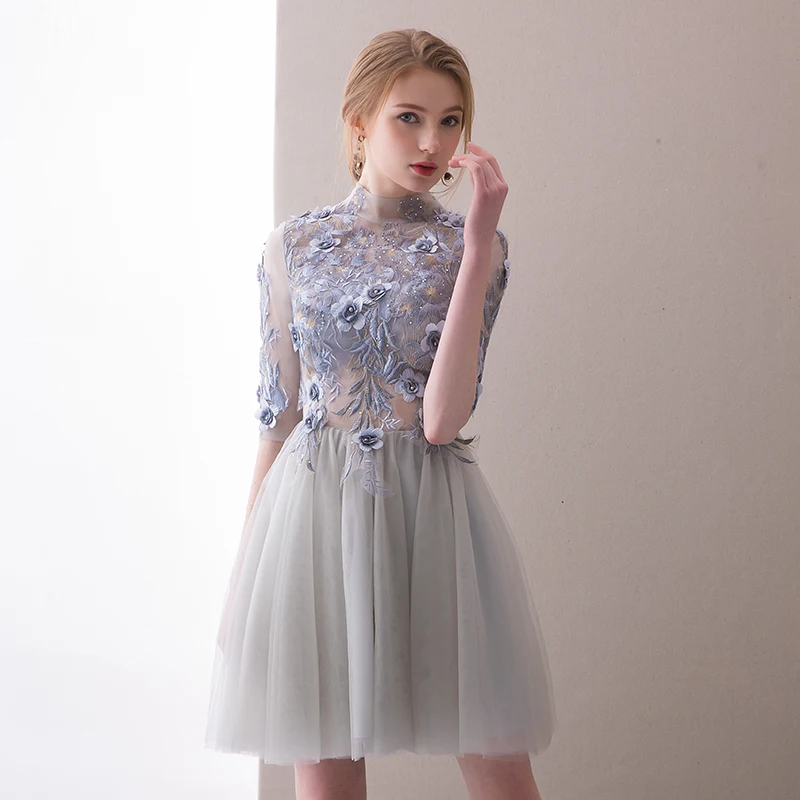 SSYFashion/Новые Элегантные Короткие коктейльные платья с высоким вырезом серый