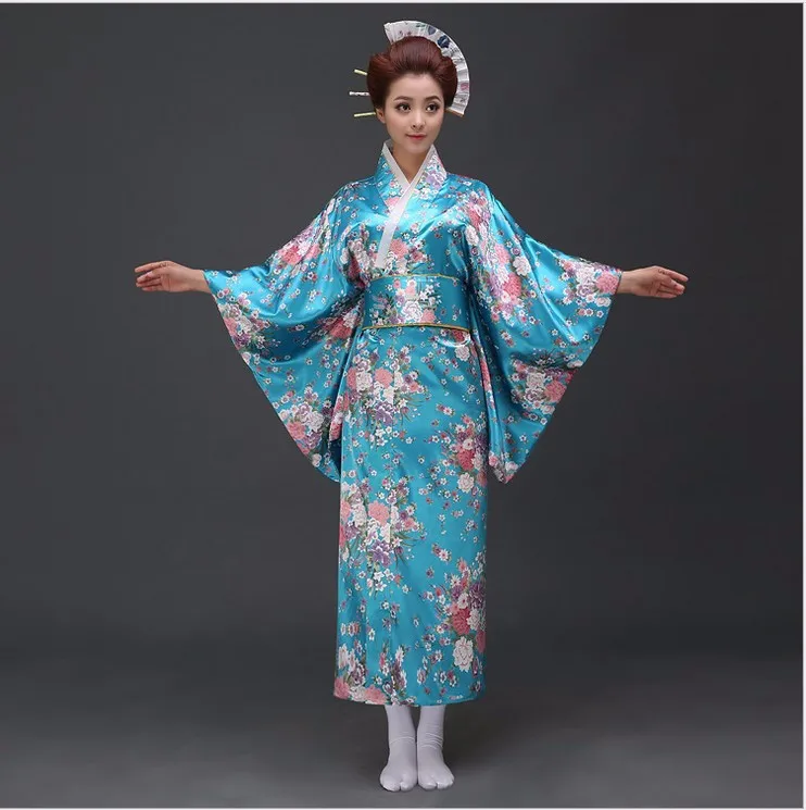 

Sale Blue Japanese Satin Yukata With Obi Sexy Women's NEW Fashion Kimono Haori Novelty Vintage Party Prom Dress Floral One Size