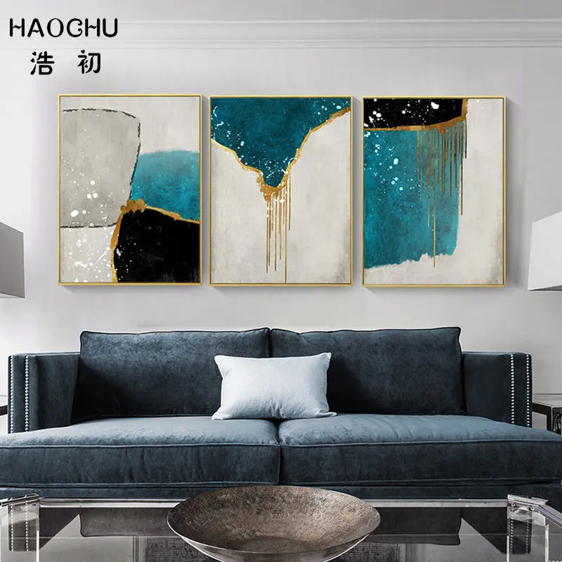 Сине-черный абстрактный цветной блок HAOCHU геометрическое украшение картина