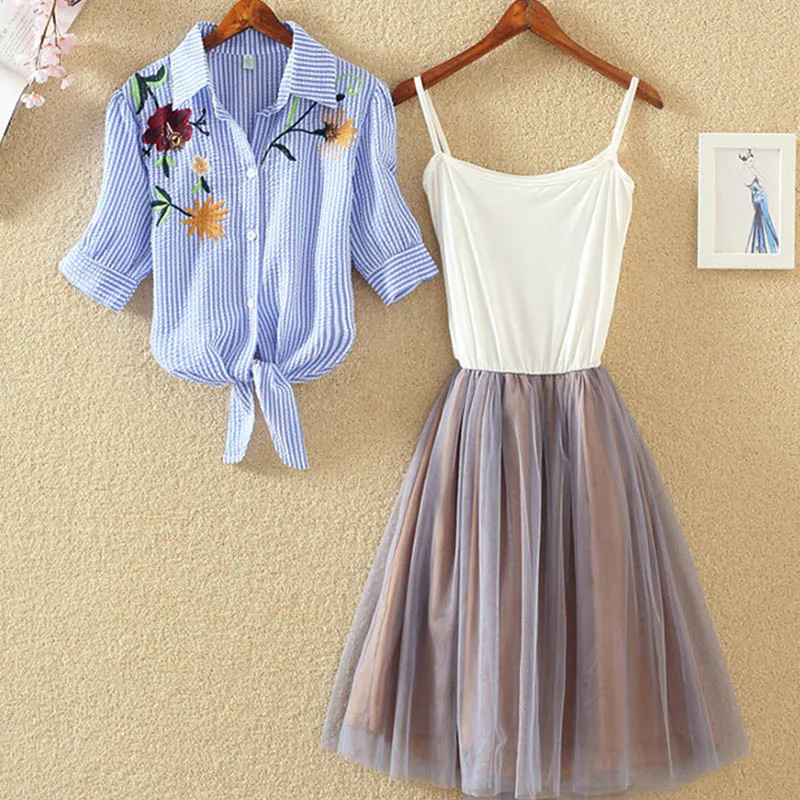 2 Pieces Tutu Dress Women Shirt And Sling Veil Suit Cute Mesh Vest Ballet Summer Blue White Princess Dresses | Женская одежда