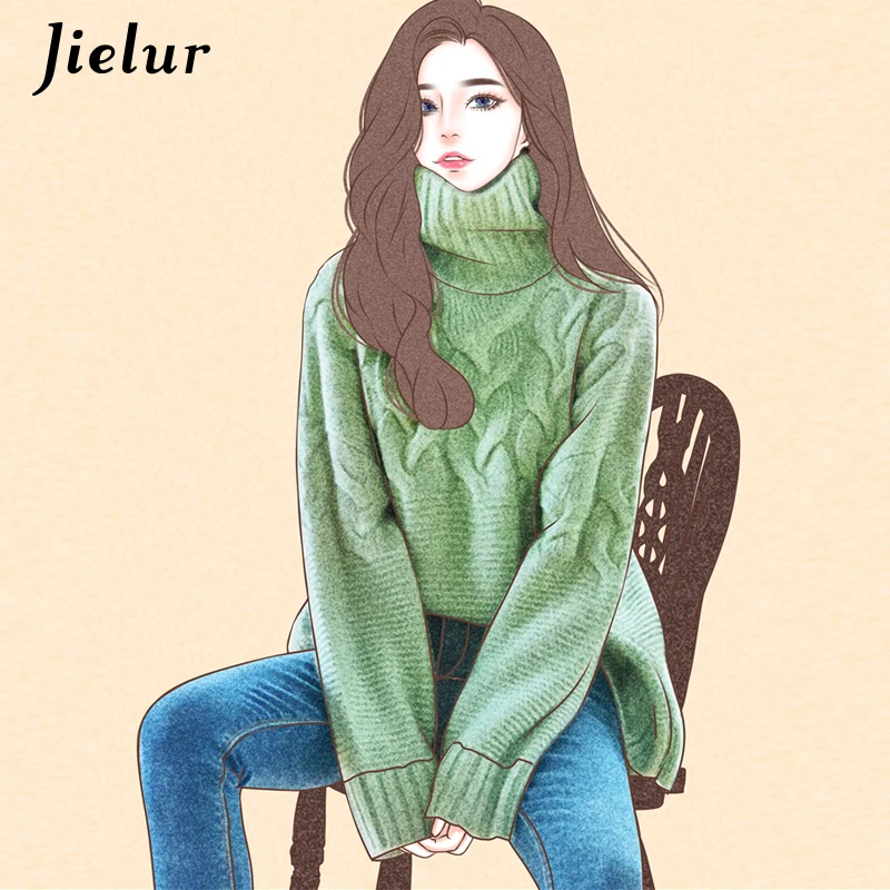 Jielur 4 Solid Color Turtleneck Sweater 2018 Autumn Winter Purple Pink Chic Pull Femme Korean Loose Women Sweaters and Pullovers |