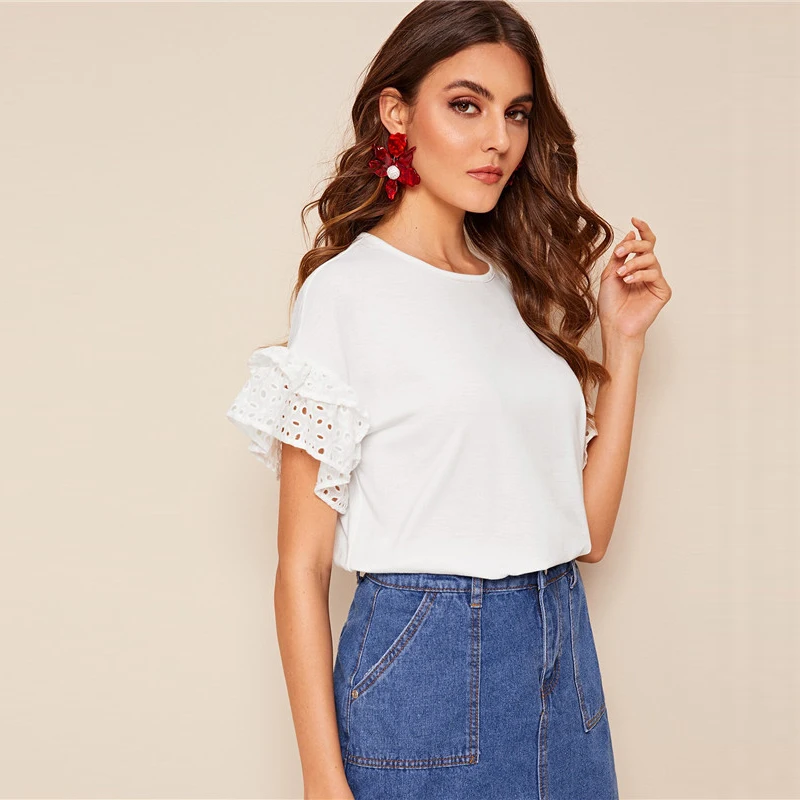SHEIN Schiffy, футболка с оборкой, женская одежда,, короткий рукав, круглый вырез, белая футболка, рукава с воланом, одноцветные, милые женские топы