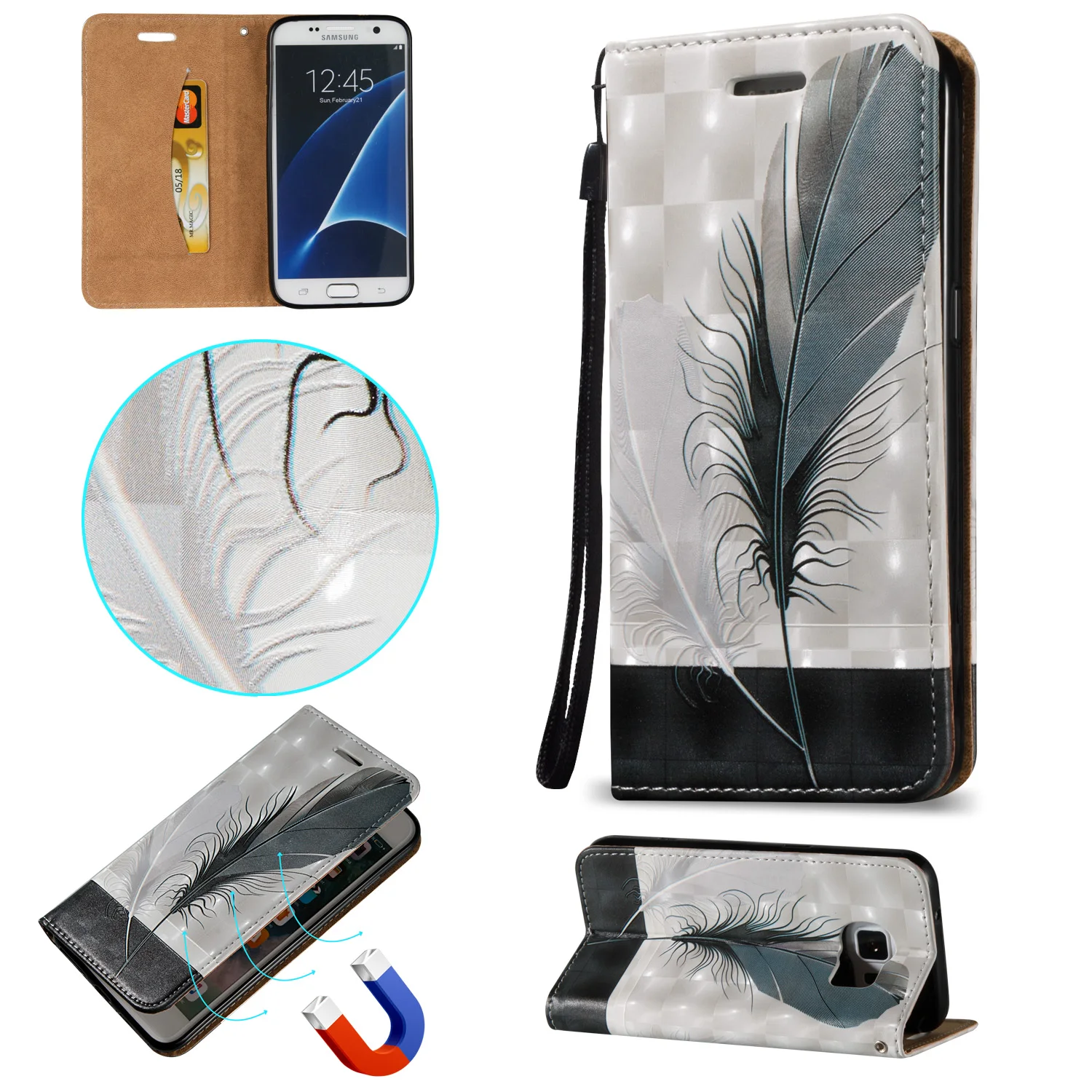 Для Samsung S6 S6edge S7 S7edge Роскошные 3D Рельефа Живопись Кожаный Чехол ж/Магнитным замком