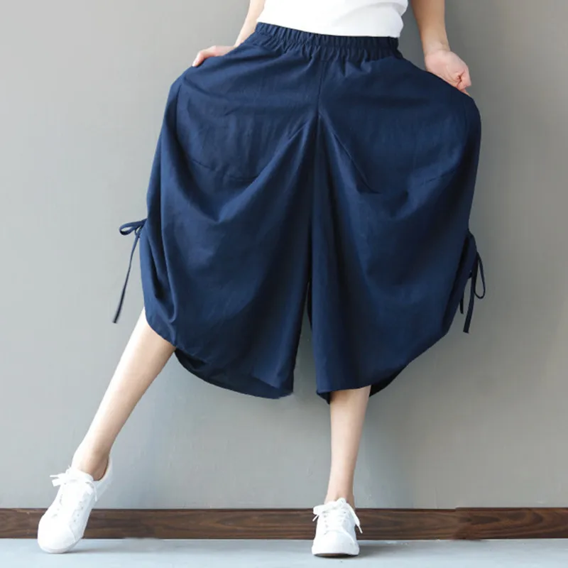 Для женщин модные брюки хлопковые широкие Штаны эластичный пояс укороченные