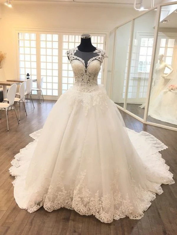 Katristsis d 2019 Ball Gown Wedding Dresses Lace Appliques Gowns Vestido De Novias O-Neck Princess Luxury Cathedral Train | Свадьбы и