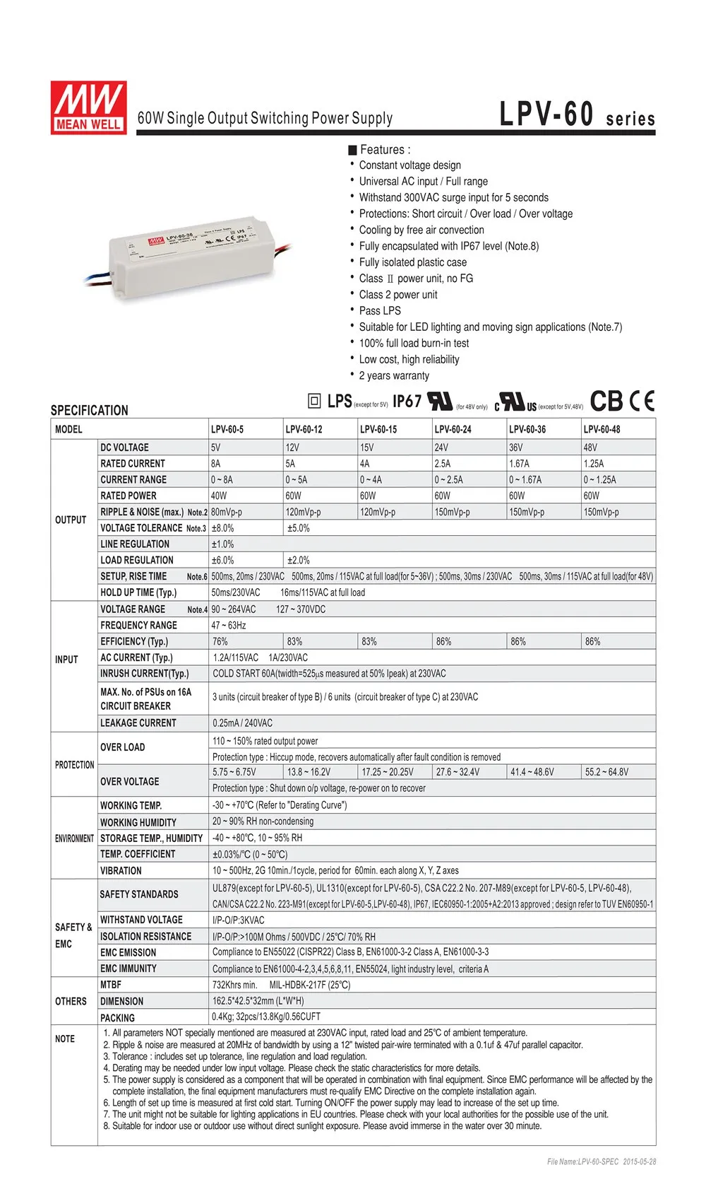 Meanwell 5V Питание LPV-60-5 40 Вт 8A IP67 ваттов UL CB CE EMC светодиодный освещение