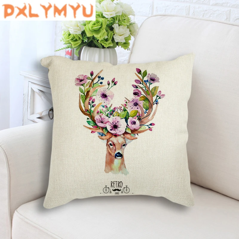 Декоративная наволочка для подушки с акварельным цветком оленем в скандинавском