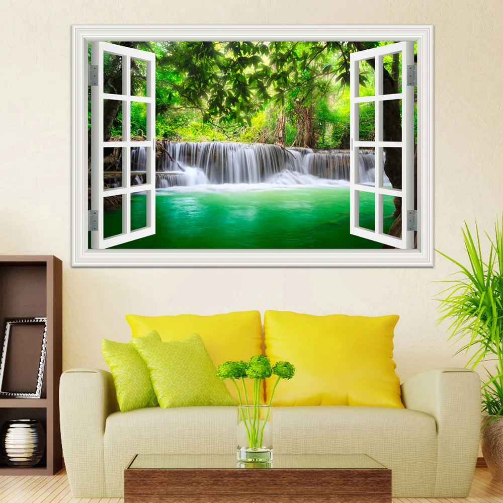 

Wall Art Waterfall 3D Window View Wall Sticker Landscape Living room Kitchen Wall art Wall Vinyl poster and prints wall sticker