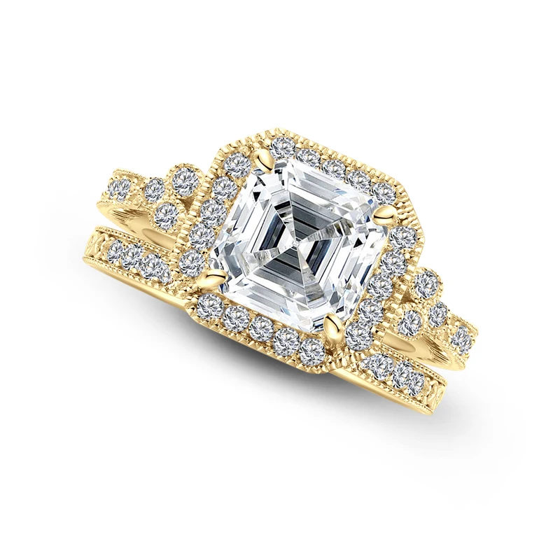 AINUOSHI 3 карата огранка камня «asscher Cut» Halo Кольцо Набор обручальное кольцо с искусственным бриллиантом Свадебный набор серебряных колец ювелирные изделия для женщин