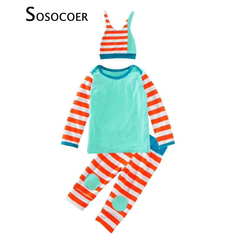 

SOSOCOER/комплекты одежды для маленьких девочек, 3 шт., футболка в полоску + штаны + шапка, детская одежда, осенне-зимний милый комплект одежды для ...