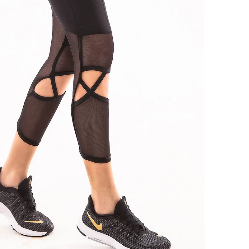 Летние облегающие брюки Капри Для Йоги женские сетчатые строченные эластичные