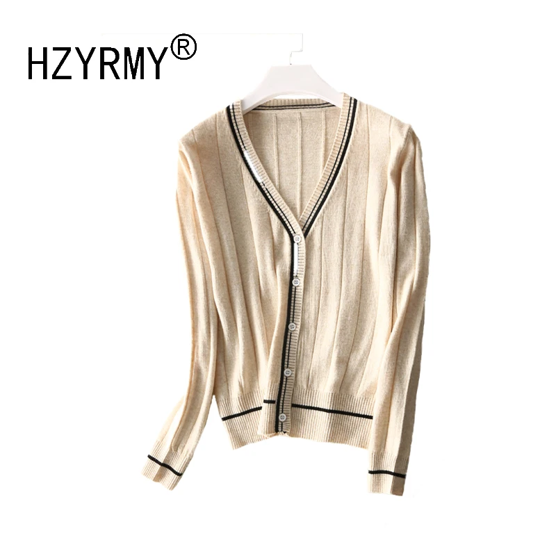 HZYRMY 2018Spring and Autumn New Women's Cashmere Cardigan Fashion V-Neck Loose Short Jacket Wool Knit Soft High Quality Sweater |