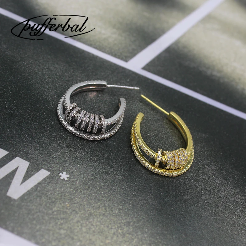 Double-Line Multi-Circle Smart Earrings Sparkling Micro-Inlaid Zircon Fashion Gold Color And Silver Jewelry ZK40 | Украшения и