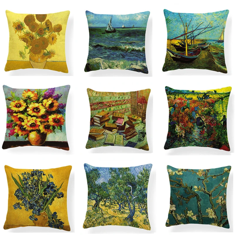 

2019 Famous Oil Painting Plant Cushions Van Gogh Painter Pillow Case Oil Printed Family Holiday Gift Pillow With Cover Burlap