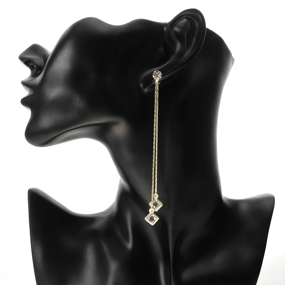 Square Gold Silver Color long Dangle Tassel Earring Stainless Steel Needle Rhinestone Women Ear Jewelry | Украшения и аксессуары