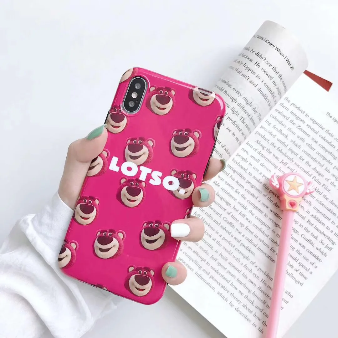Lotso Toy Story Cute Cartoon Strawberry bear case for Apple iphone X XS Max Xr 8 7 6 6s Plus Glossy silicone doll Cover |