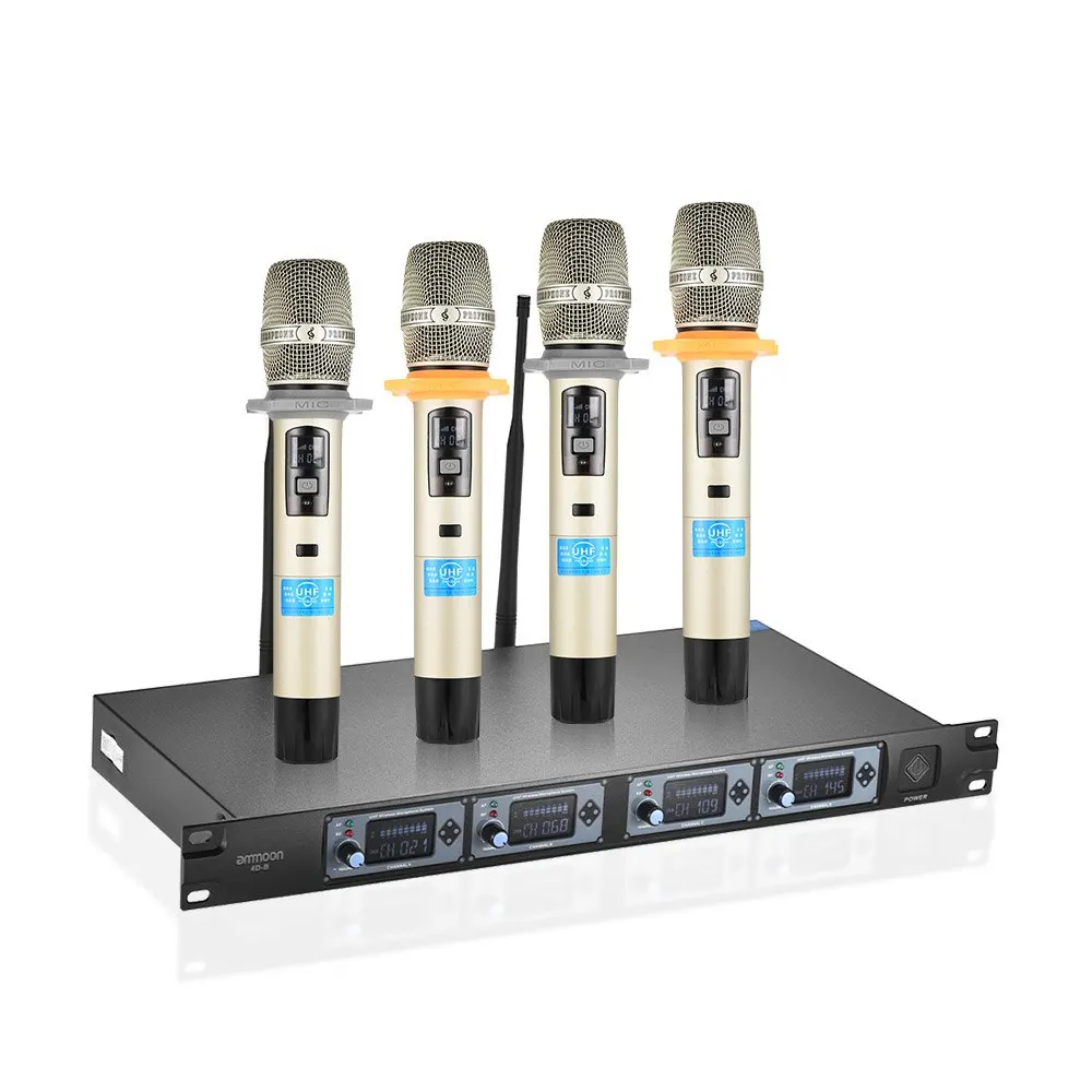ammoon 4D-B Professional 4 Channel UHF Wireless Handheld Microphone System Microphones 1 Receiver | Спорт и развлечения