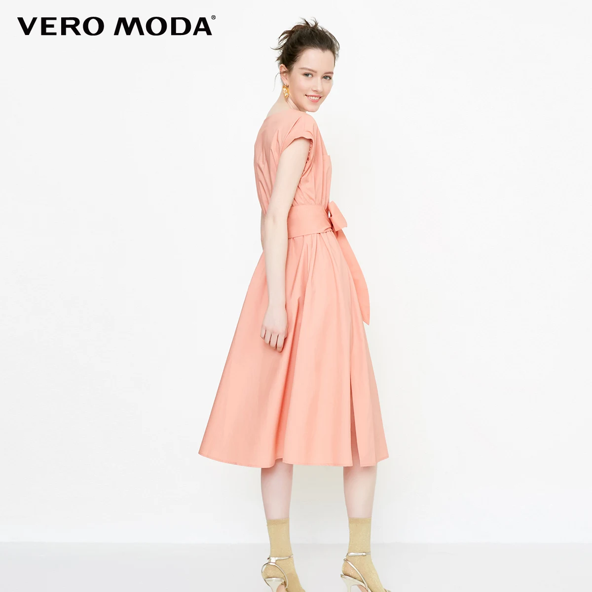 Vero Moda 2019 летнее женское платье розовое для работы эластичное боковое с разрезами