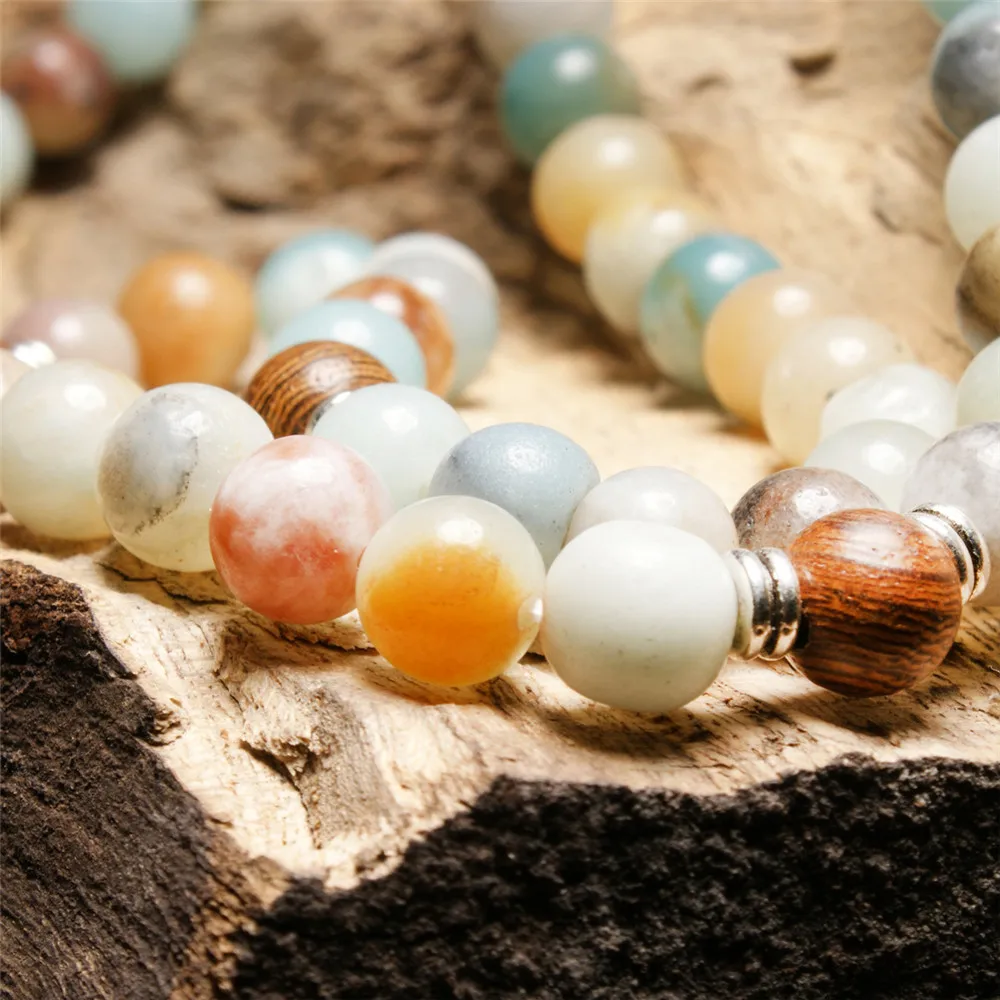 New Design Yoga Lotus Pendant Bracelet Natural Amazonite with Wood Beads 108 Mala Trendy Men and Women's Bracelets or Necklaces |