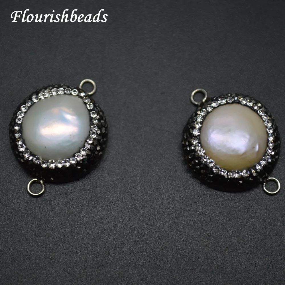 

Two Loops Natural White Fresh Water Pearl Round Coin Beads Jewelry connectors Paved Black Crystal Fashion Jewelry Accessories