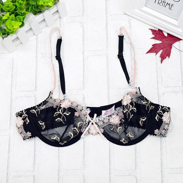 Black Bra Новинка, сексуальный женский бюстгальтер, трусики, распродажа, разделенные цветочные кружева, вышивка, прозрачные, на косточках, 70, 75, 80, 85, 90, 95, 100, размер A, B, C, D, E, F, чашка - Цвет: Black Bra
