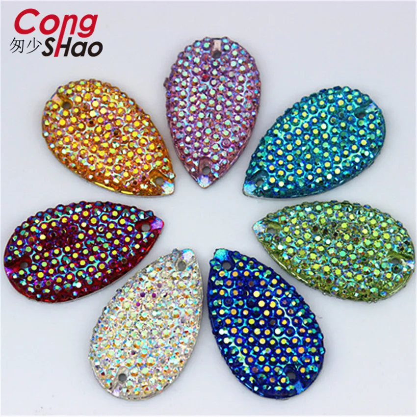 

Cong Shao 60pcs 16*27mm AB Color Resin Drop Rhinestone Flatback Sewing 2 Hole Stones And Crystals DIY Wedding Dress Button CS470