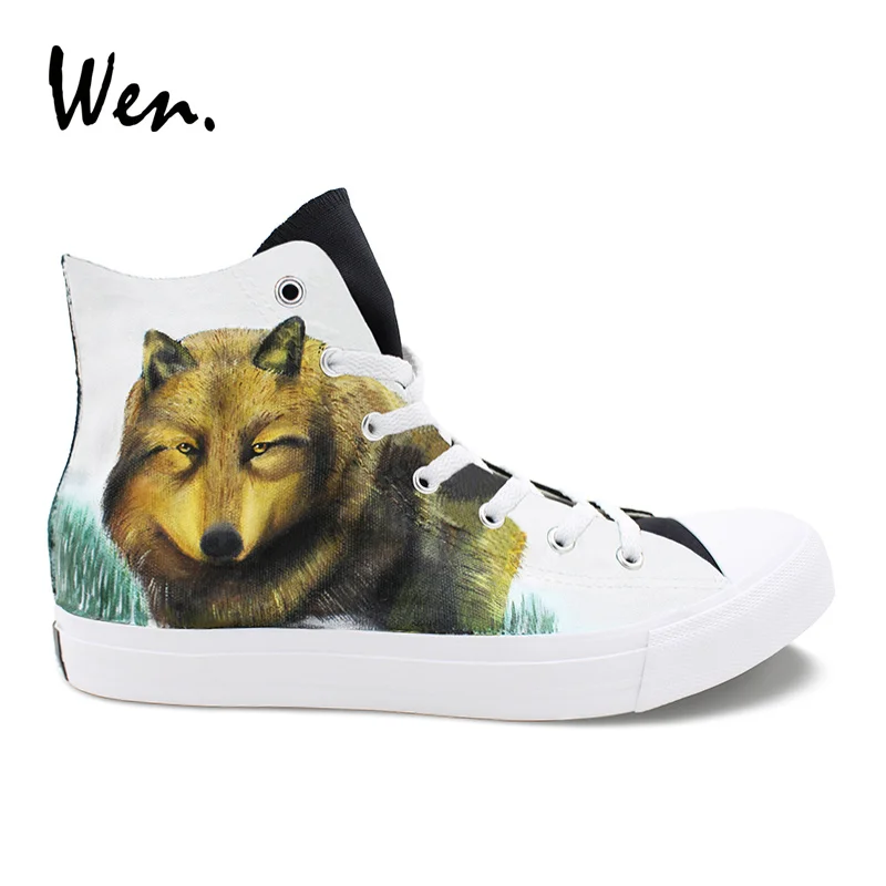 

Wen Design Wolf Snowfield Hand Painted Custom Shoes Canvas Sneakers Women High Top Men Plimsolls Pedal Platform Espadrilles Flat