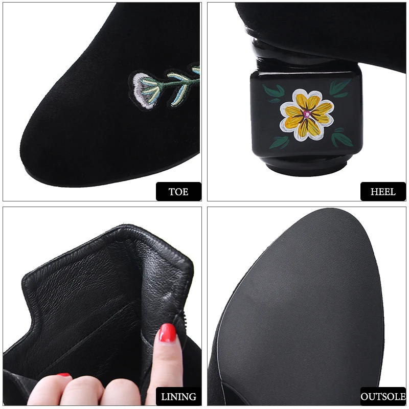 

WETKISS 2018 New National Style Embroider Ankle Boots Women Zip Strange Heels Shoes Woman Party Shoes Cow Suede Leather Autumn
